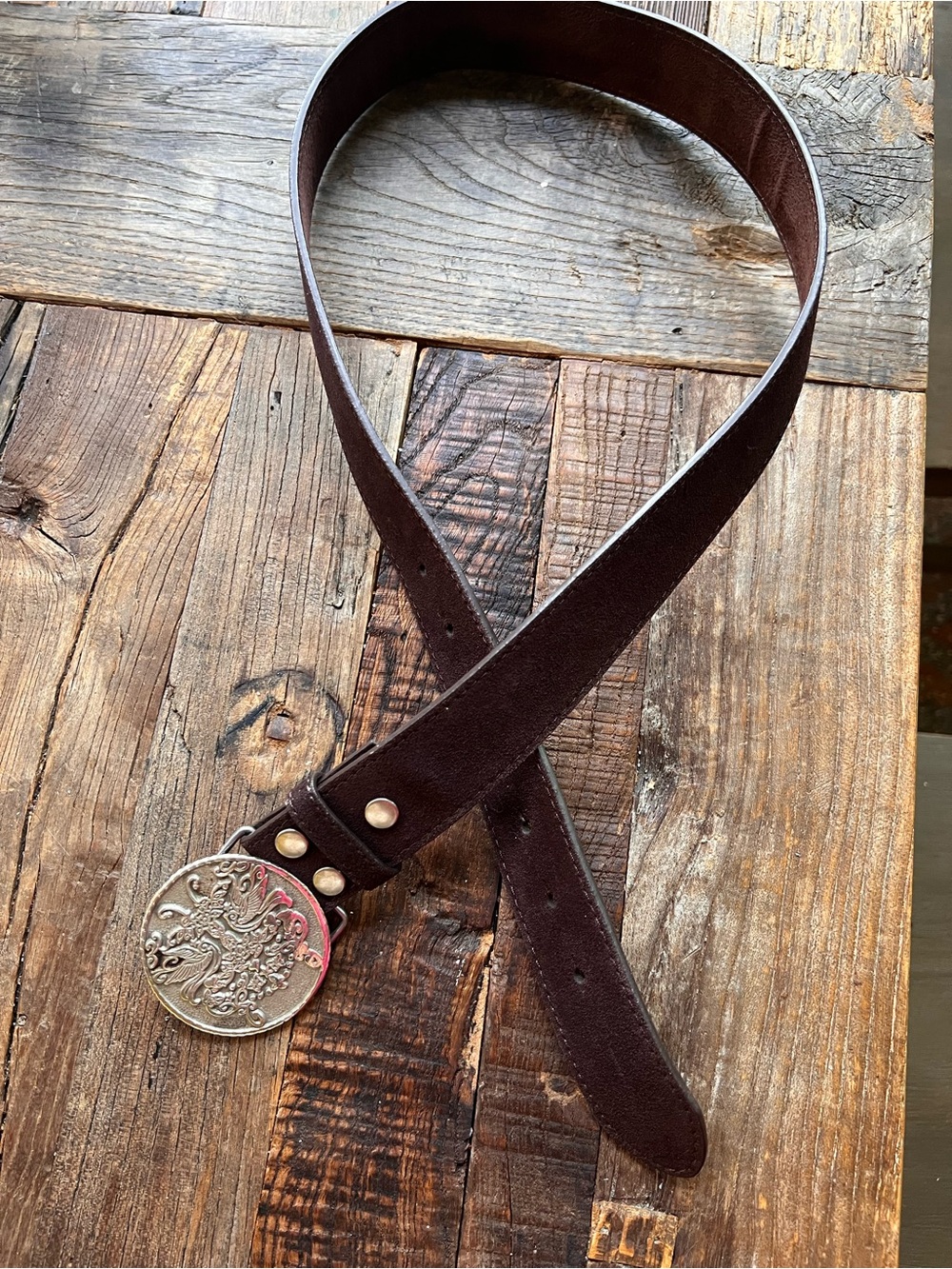 Men’s  Brown Leather Belt with Decorative Silver-Tone Buckle